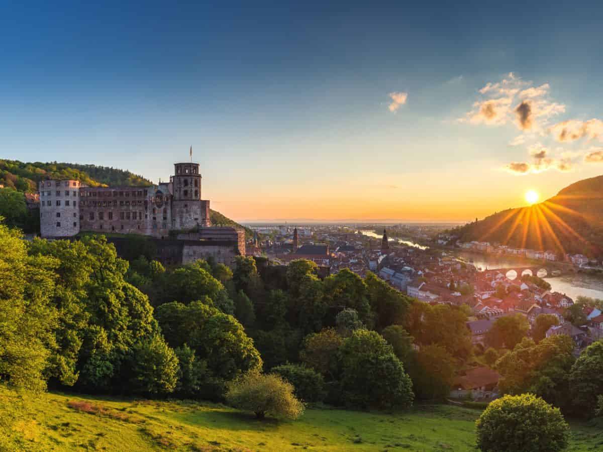 The sun setting over the Heidelberg Castle.