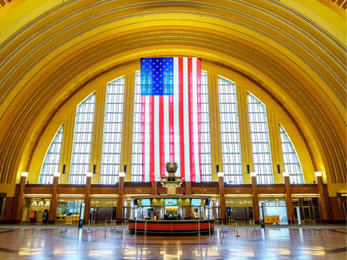 A large American flag hangs from the ceiling of the Rotunda in Union Terminal in Cincinnati.