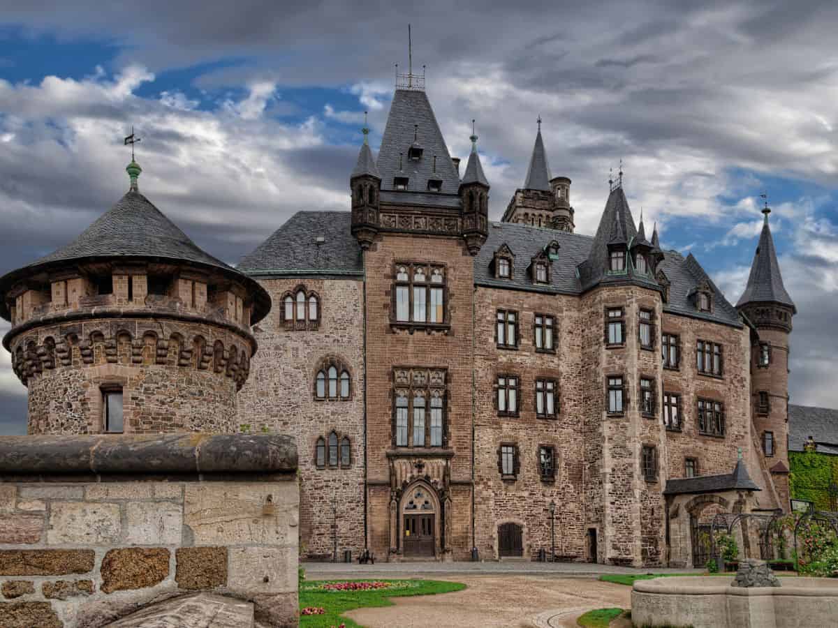 Wernigerode castle with turrets on a cloudy day.