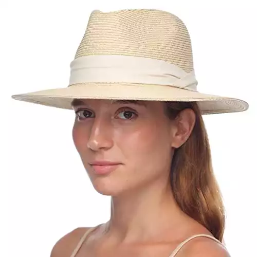 FURTALK Panama Hat Sun Hats for Women Men Wide Brim Fedora Straw Beach Hat UV UPF 50 Brown
