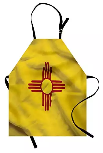 Lunarable American Apron, New Mexico of United States Flag Sun the Zia on a Field Waving National Print, Unisex Kitchen Bib with Adjustable Neck for Cooking Gardening, Adult Size, Yellow Red