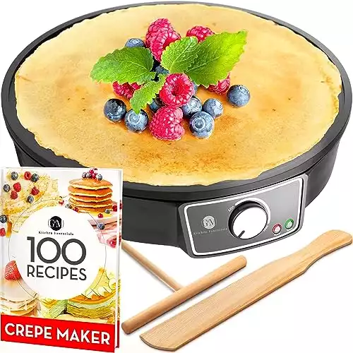 Crepe Maker Machine (Easy to Use), Pancake Griddle – Nonstick 12” Electric Griddle – Pancake Maker, Batter Spreader, Wooden Spatula – Crepe Pan for Roti, Tortilla, Blintzes – Portable, Compa...