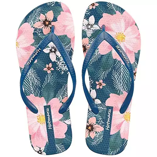 Hotmarzz Women's Flowers Fruits Pattern Summer Beach Colorful Slippers Tongs Sandals Flat Slides Size 8, Blossom Dark Blue Strap