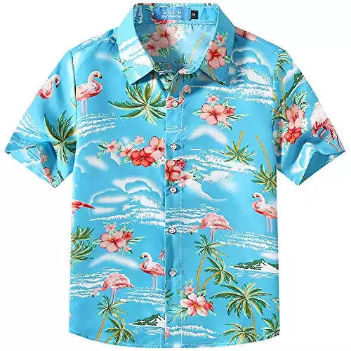 SSLR Big Boys Hawaiian Shirt Flamingos Button Down Shirt Short Sleeve Luau Shirt for Kids (Medium, Blue)