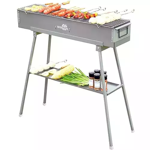 WILLBBQ Commercial Quality Portable Charcoal Grills Multiple Size Hibachi BBQ Lamb Skewer Folded Camping Barbecue Grill for Garden Backyard Party Picnic Travel Outdoor Cooking Use(31.6x7.1x5.1 inch)