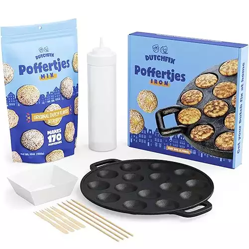 DutchFix Poffertjes Kit, 15-Hole Cast Iron Mini Biscuit Pan, Original Dutch Pancake Mix, Squeeze Bottle, Wooden Serving Forks, Flipping Stix, Paper Serving Boats, Made in the USA