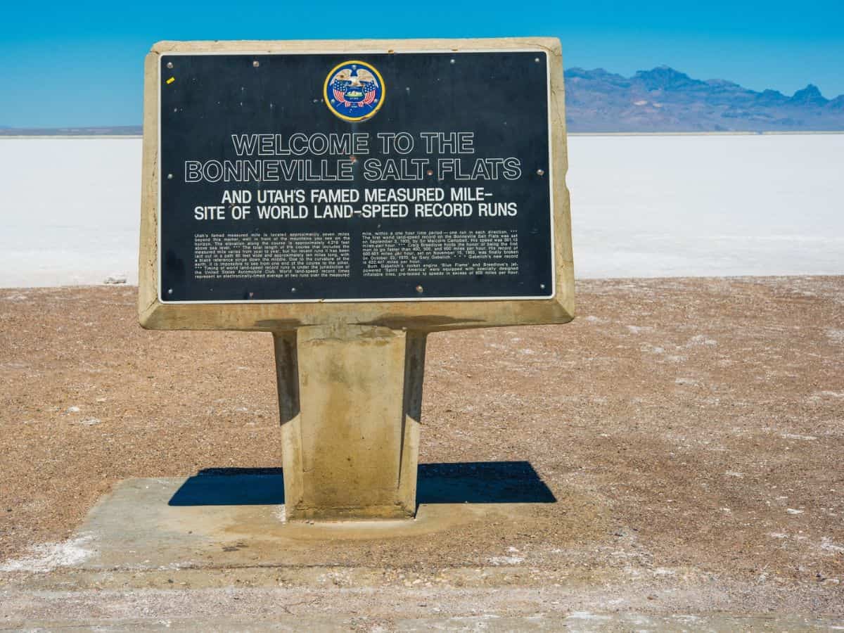 A sign commemorating the land speed record at the Bonneville Salt Flats in Utah.