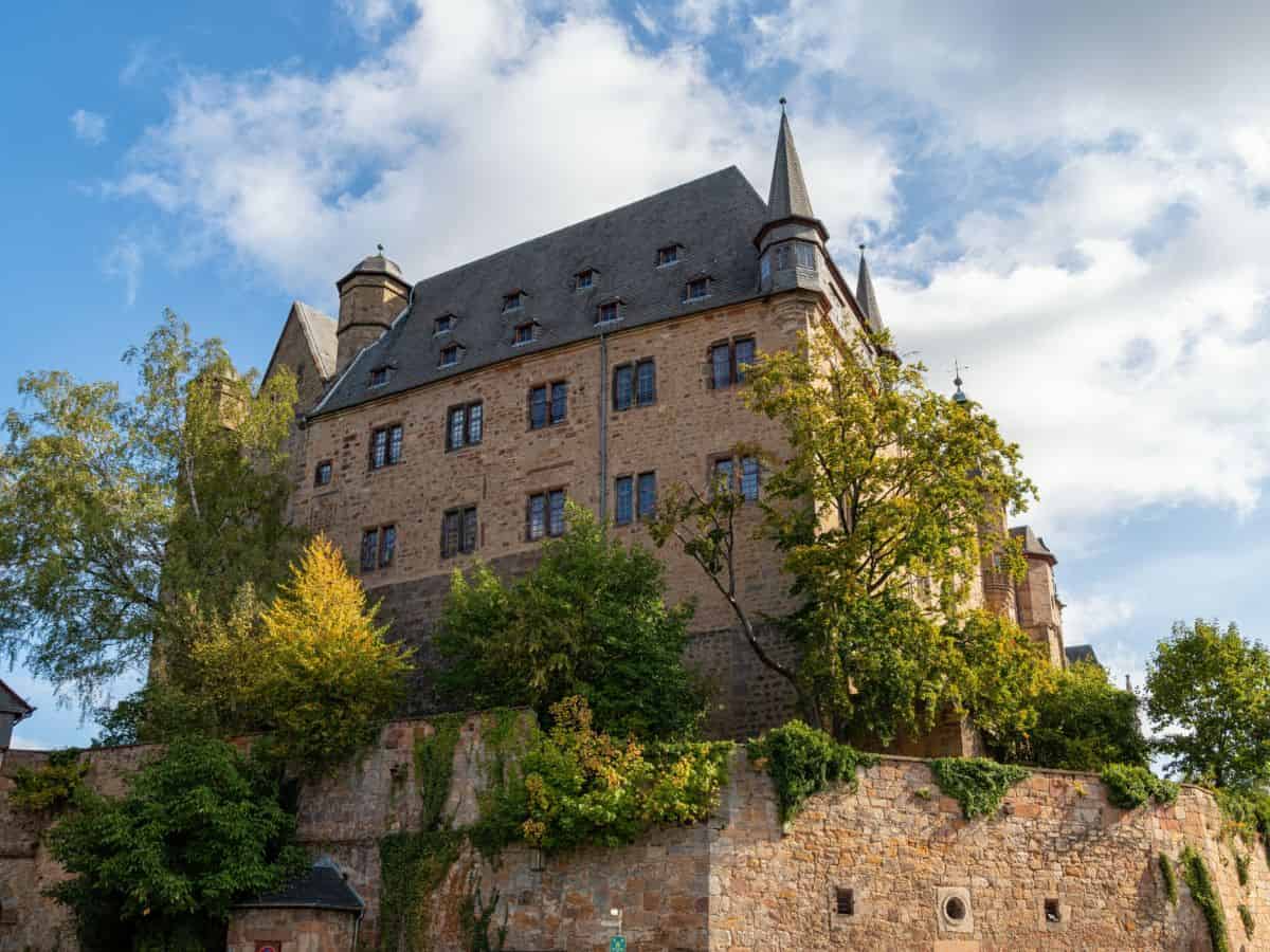 A stunning German castle proudly perched on a scenic hill, with a serene backdrop of lush trees.