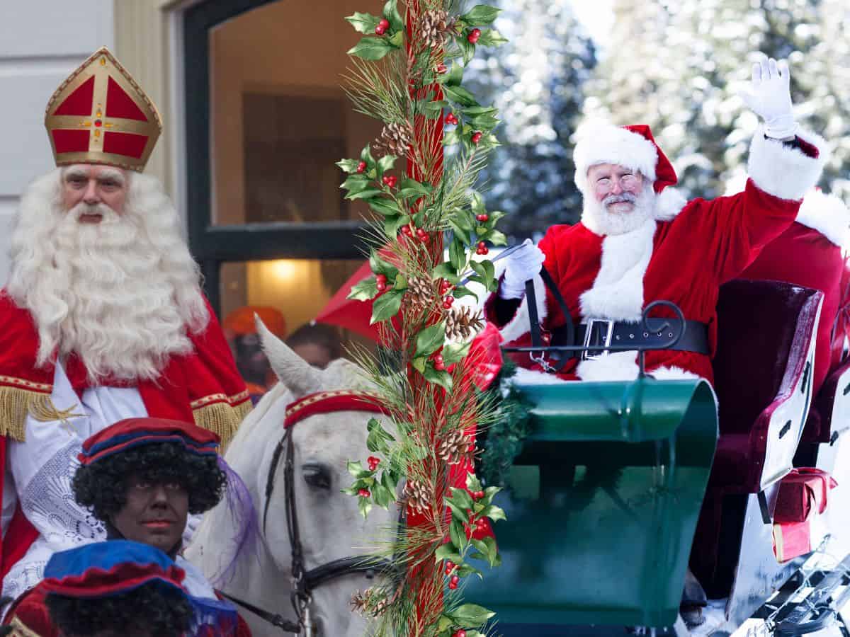 Sinterklaas and Santa Claus on a horse.
