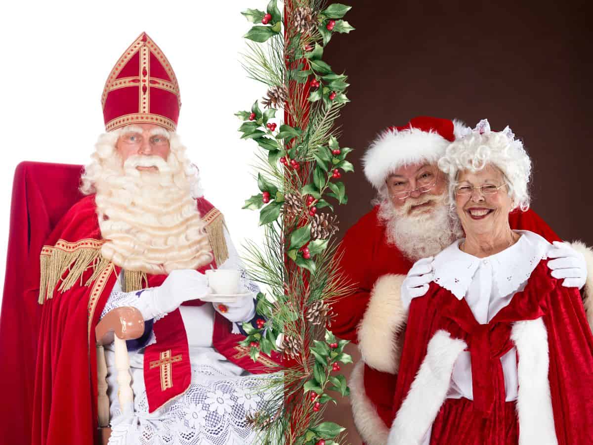 Two pictures of a woman dressed in a Santa Claus costume alongside Santa Claus himself.