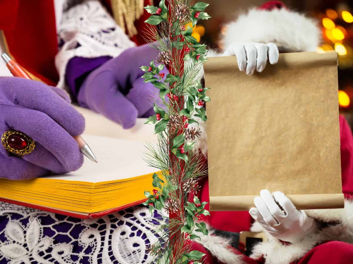 Sinterklaas's ruby ring is visible as he writes in a book. Meanwhile, Santa looks at his long list.