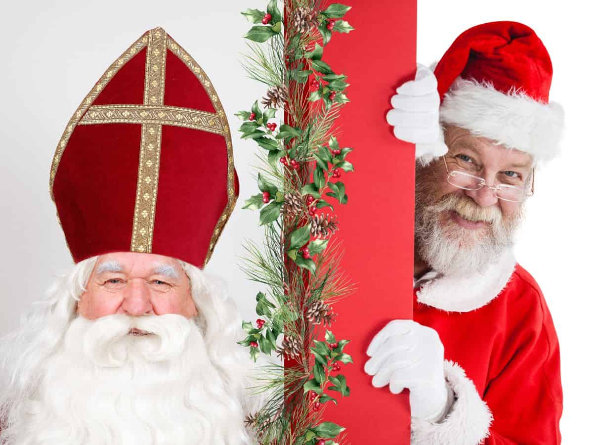 Sinterklaas looks like a bishop in his tall hat and long robes while Santa Claus is jolly in a red, stocking style cap.