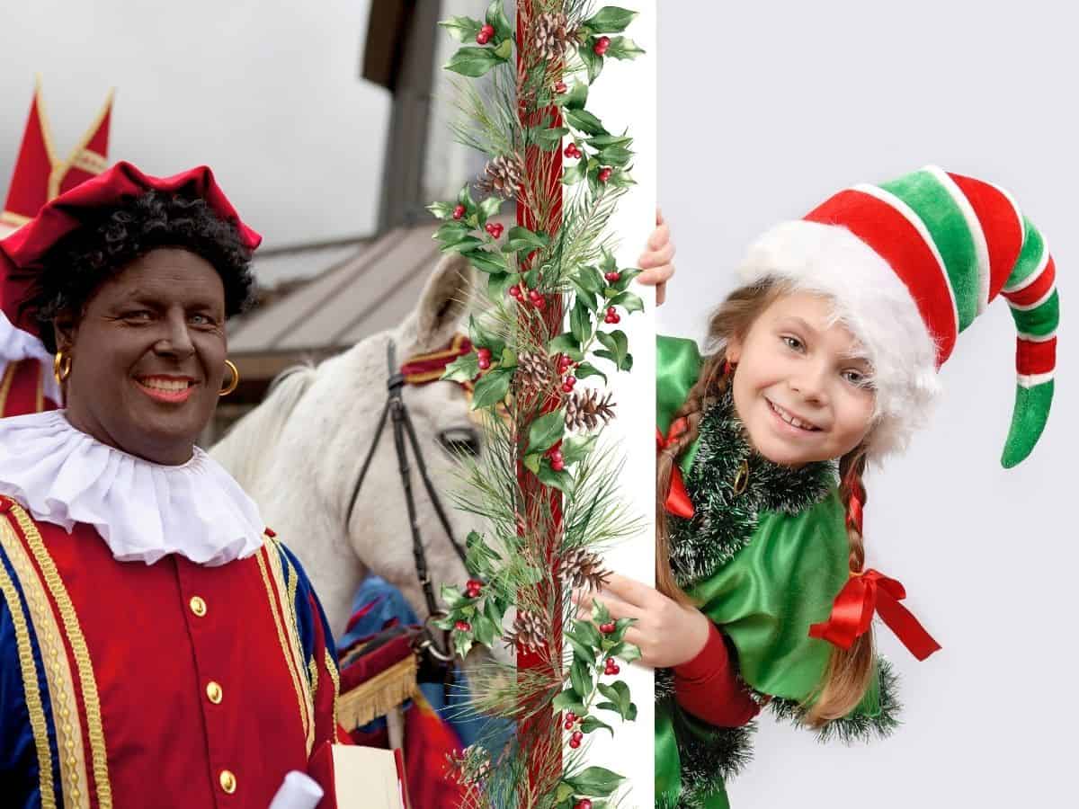 A man dressed as Zwarte Piet walks with Sinterklass's horse and a girl dressed as one of Santa's elves peeks around a wall.