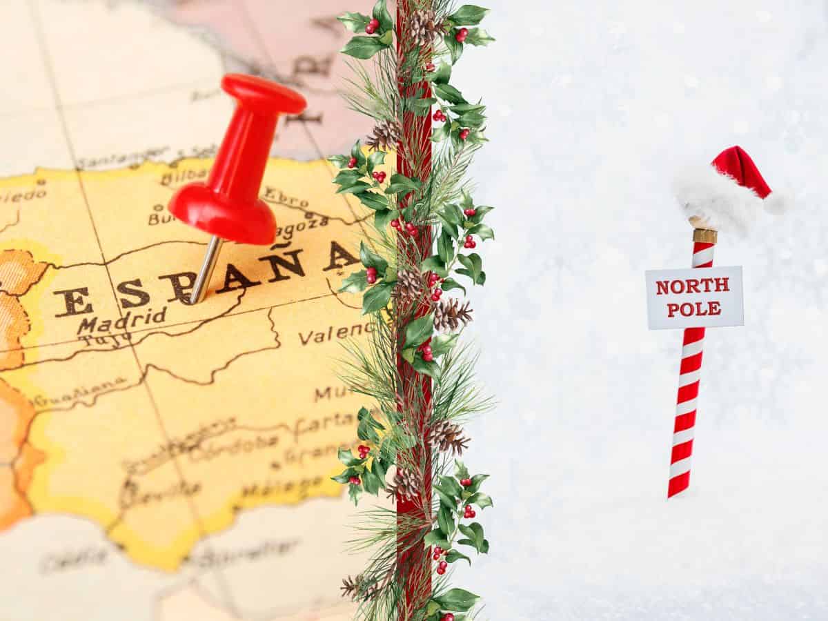 A map of Spain and a red and white striped pole buried in snow at the North Pole.