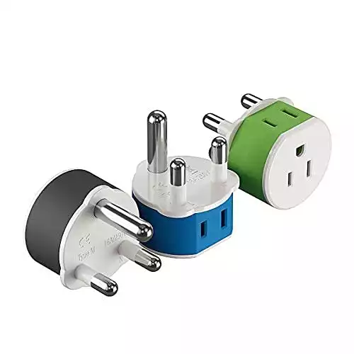 South Africa, Botswana, Namibia Power Plug Adapter with 2 USA Inputs - Travel 3 Pack - Type M (US-10L), Safe Grounded Use with Cell Phones, Laptop, Camera Chargers, CPAP, and More