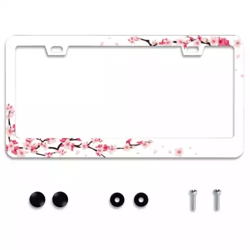 Personalise Beautiful Cherry Blossom License Plate Frames Floral Universal Aluminum Accessories Cars Decor with 2 Holes and Screws Fits Standard US Vehicles Size: 12.2 x 6 Inch