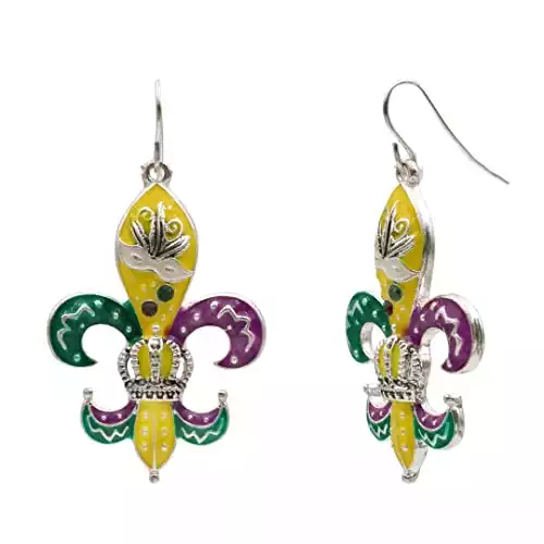 Mardi Gras Theme French Hook Dangle Earrings (Silver Tone)