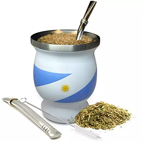 Yerba Mate Natural Gourd/Tea Cup Set Argentinian Flag/Argentina, Includes 2 Bombillas (Yerba Mate Straws) & Cleaning Brush, Stainless Steel, Double-Walled, (Original Traditional Mate Cup - 8 oz)
