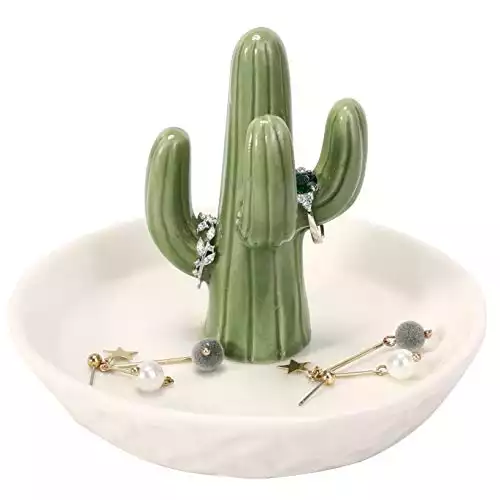 HOME SMILE Ceramic Cactus Ring Holder with Derorative White Dish for Jewelry,Christmas Birthday Gifts for Women