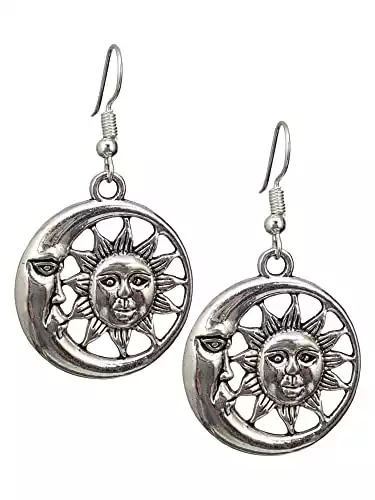 Celestial Sun and Crescent Full Moon Antique Silver Tone Handmade Dangle Earrings