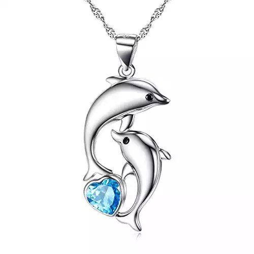 Dolphin Necklace 925 Sterling Silver Mothers Day Gifts For Women Necklace Chains (Heart Blue Dolphin Necklace)