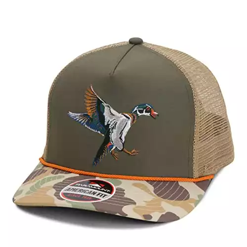 Wood Duck Trucker Rope Cap, Mesh Back, Waterfowl Duck Hunting Cap in Olive Throwback Camo