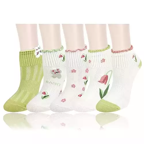 Benefeet Sox Womens Girls Funny Rabbit Ruffle Ankle Socks Novelty Colorful Kawaii Flower Tulip Floral Patterned Knit Low Cut Summer Socks Pretty Cute Bunny Animal Frilly Short Low Cotton Socks Gifts