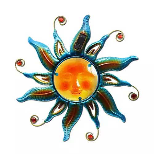 Goodeco 18 "Outdoor Metal Wall Art - Smiling Sun Face with Solar LED Lights, Perfect Wall Decorations for Your Home & Garden, Craftsmanship & Weather-Resistant Design (Blue)