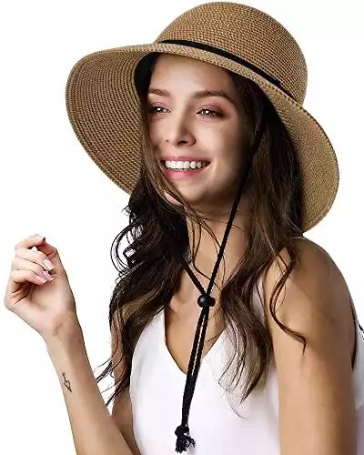 Womens Wide Brim Sun Hat with Wind Lanyard UPF Summer Straw Sun Hats for Women (Brown, Medium)