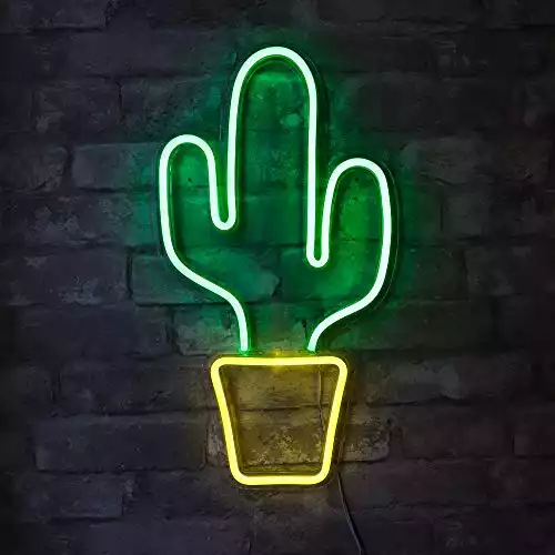 Isaac Jacobs 19” x 10” inch LED Neon Green Cactus with Yellow Planter Wall Sign for Cool Light, Wall Art, Bedroom Decorations, Home Accessories, Party, and Holiday Décor: Powered by USB Wire (CAC...
