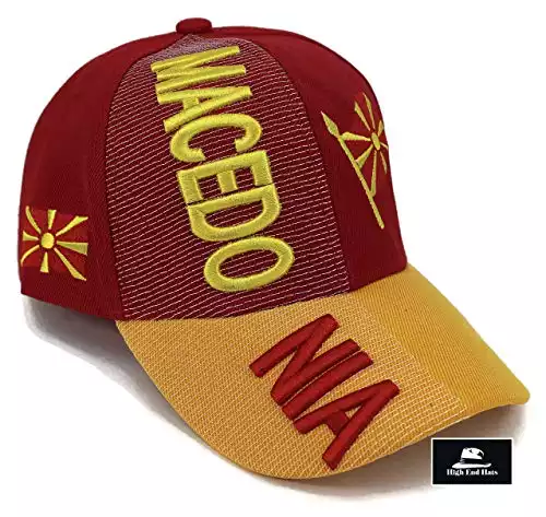 High End Hats “Nations of Europe Hat Collection” 3D Embroidered Adjustable Baseball Cap, Macedonia with Flag, Red