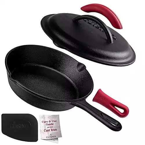Cuisinel Cast Iron Skillet with Lid - 8"-inch Pre-Seasoned Covered Frying Pan Set + Silicone Handle and Lid Holders + Scraper/Cleaner - Indoor/Outdoor, Oven, Camping Fire, Grill Safe Kitchen Cook...