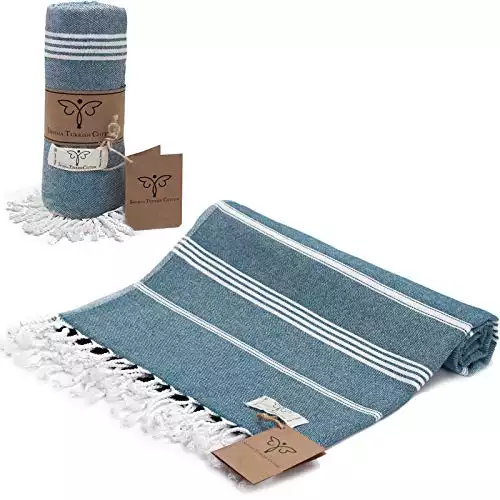 SMYRNA TURKISH COTTON Classical Series Beach Towel | 71 x 37 in | Extra Large Wearable Turkish Bath Towel | Made in Turkey | No Shrink | Premium Luxury Striped Linen - Navy