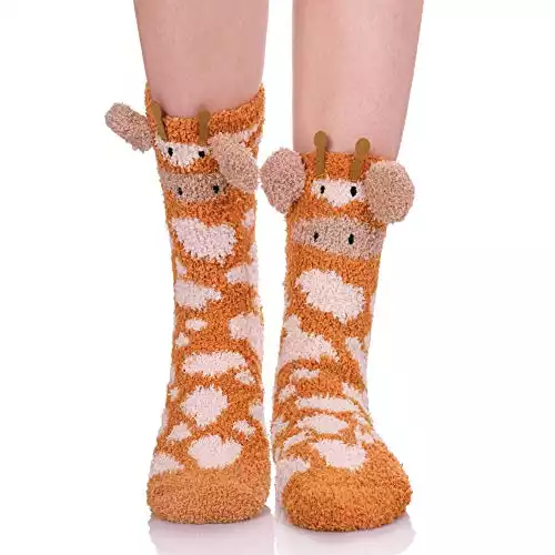 LANLEO Fuzzy Socks For Women Slipper Socks Fluffy Winter Warm Soft Cozy Plush Cute Animal Sleeping Christmas Socks 1 Pairs Giraffe