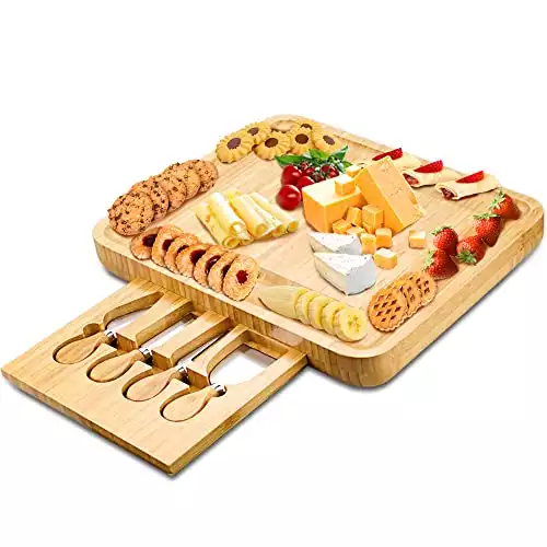 Mosskic Cheese Board and Knife Set,Bamboo Charcuterie Boards Platter Serving Tray for Housewarming Party Birthday Wedding Gifts