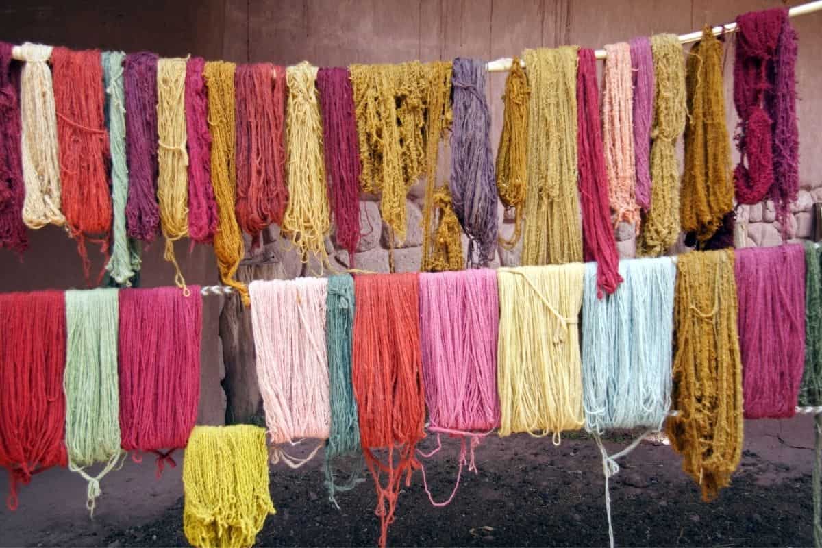 A group of colorful yarns hanging on a line showcasing fun facts about alpacas.