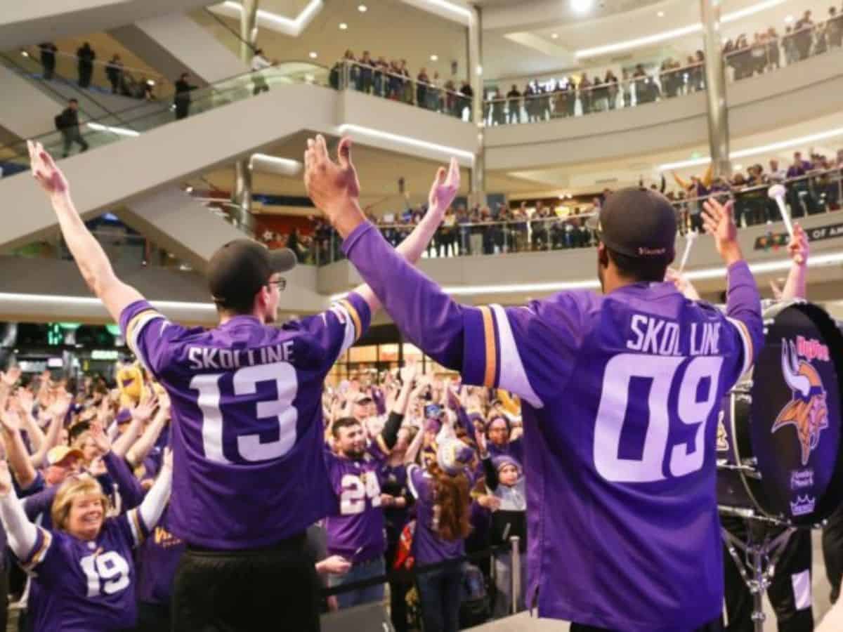 The Minnesota Vikings celebrate their first win of the season at the Mall of America, while fans learn interesting facts about this iconic shopping destination.