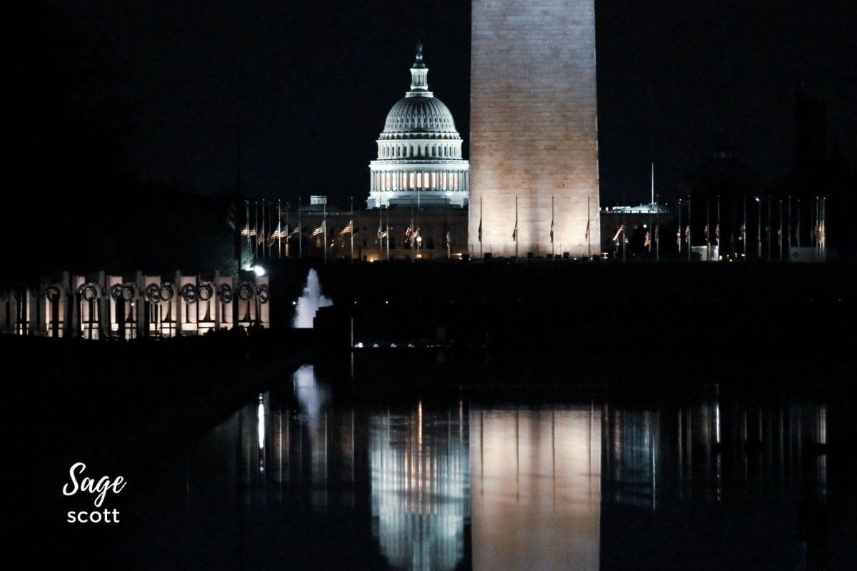 Facts about the Washington Monument can be found as it is reflected in a body of water at night.