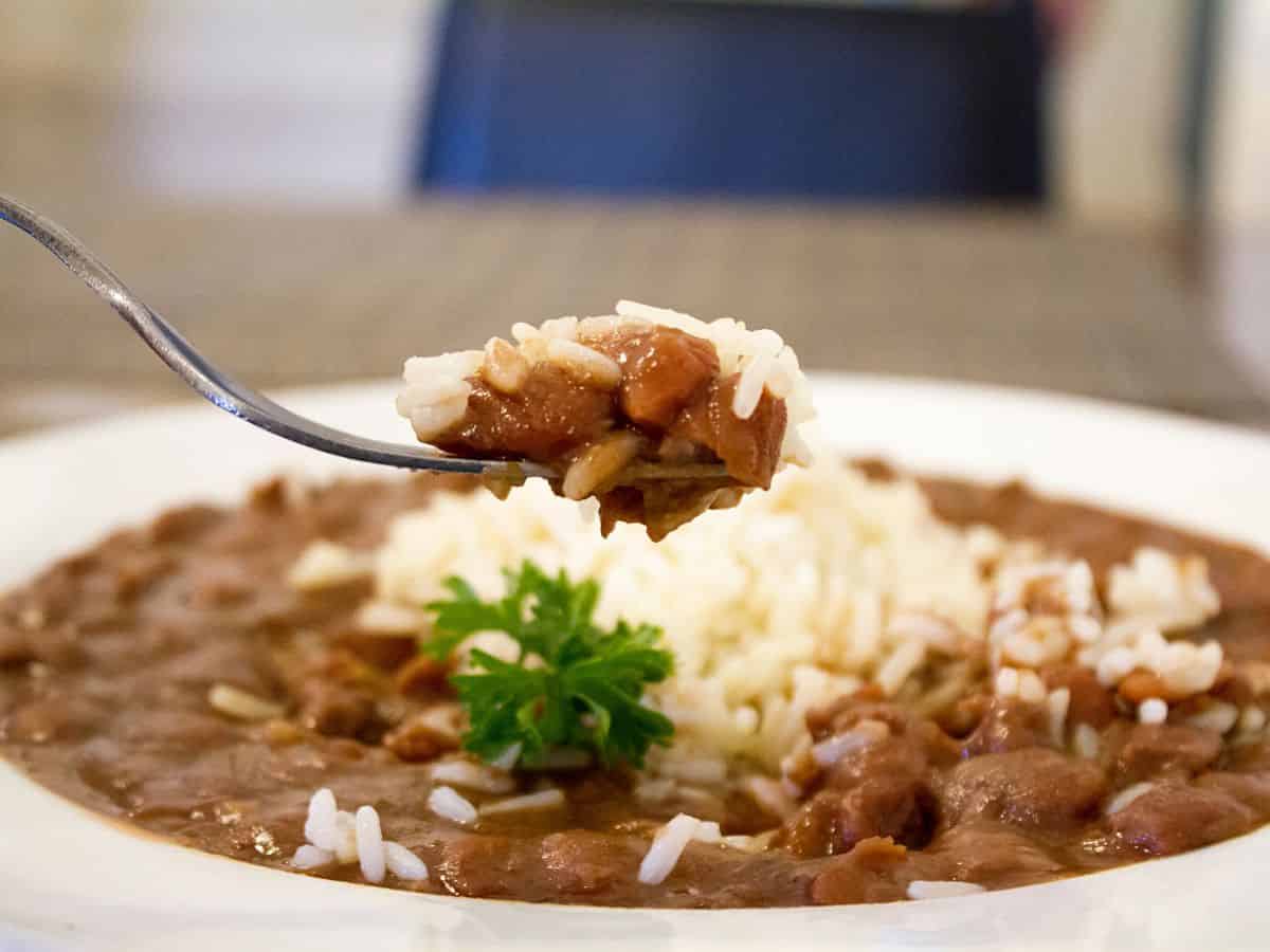 A spoon full of red beans and rice on a plate.