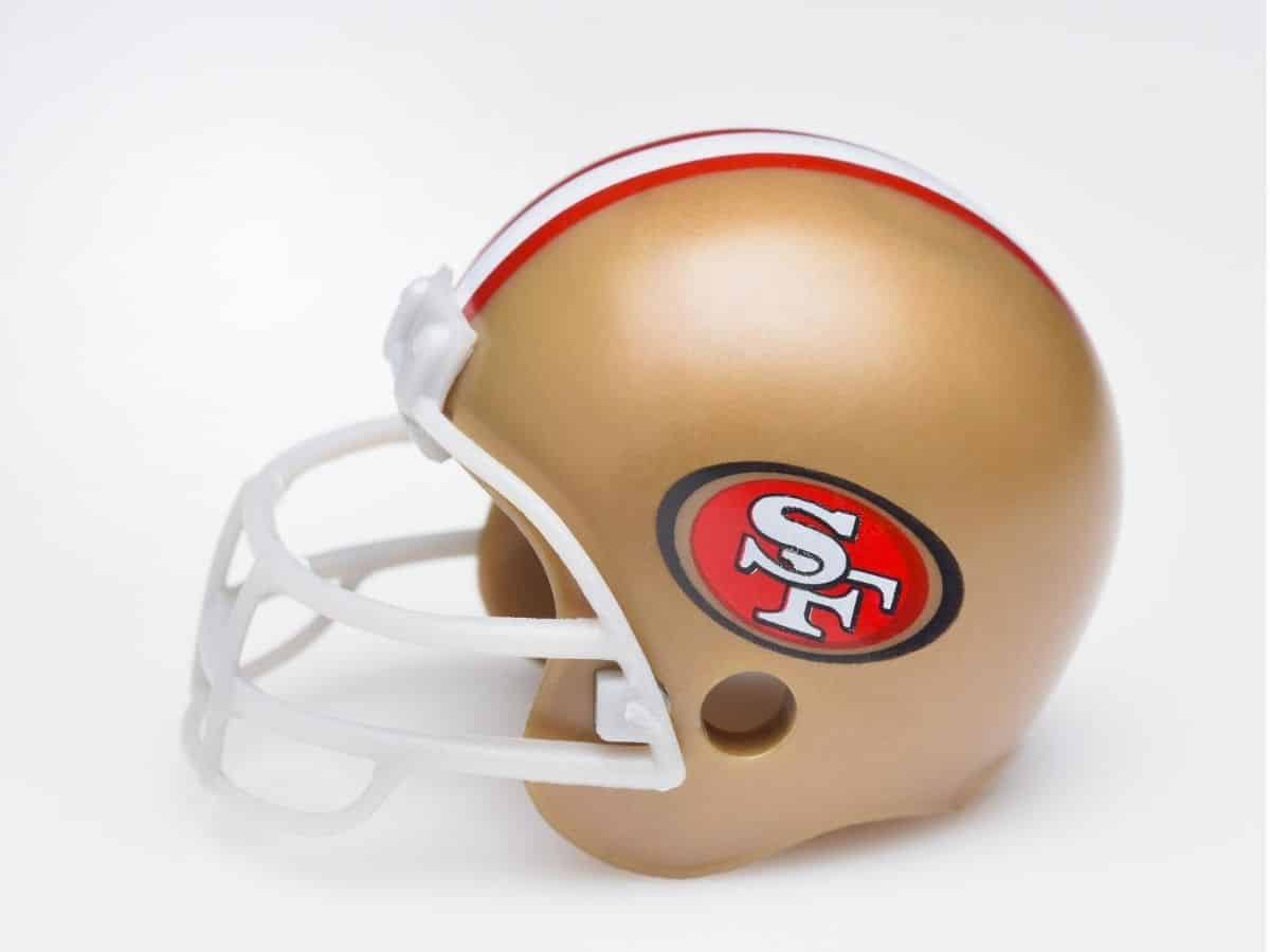 A white background featuring a San Francisco 49ers helmet.