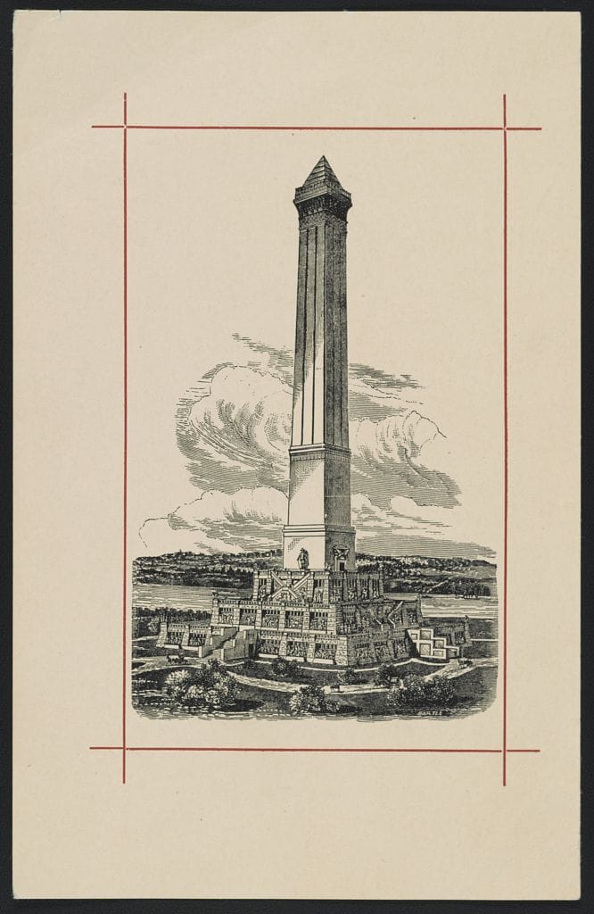 A black and white drawing of the Washington Monument.