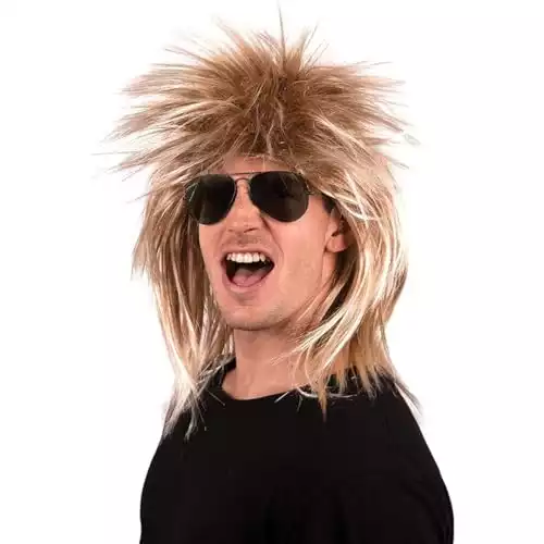 Kangaroo 80’s Rockstar Men’s Wig – 80s Costume Accessory for Adults – Long Spiky Mullet Wigs for Men and Women – Halloween Rocker Cosplay Wig (Dirty Blonde Color)