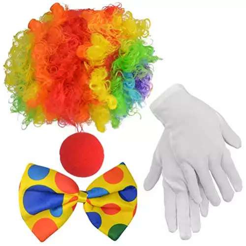 jiebor Clown Costume Set Clown Rainbow Wig Nose Bow Tie White Gloves Accessories for Clown Parties Carnivals Pretend Play Women Men Adults