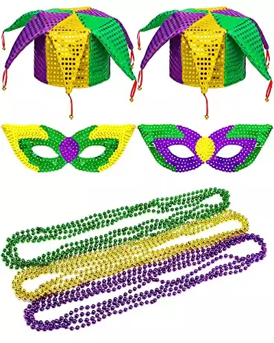 16 Pcs Mardi Gras Party Costume Includes 2 Funny Jester Clown Hat, 12 Multicolored Beads Necklaces and 2 Mardi Gras Mask for Men Women Adults Cosplay Masquerade Kit Accessories