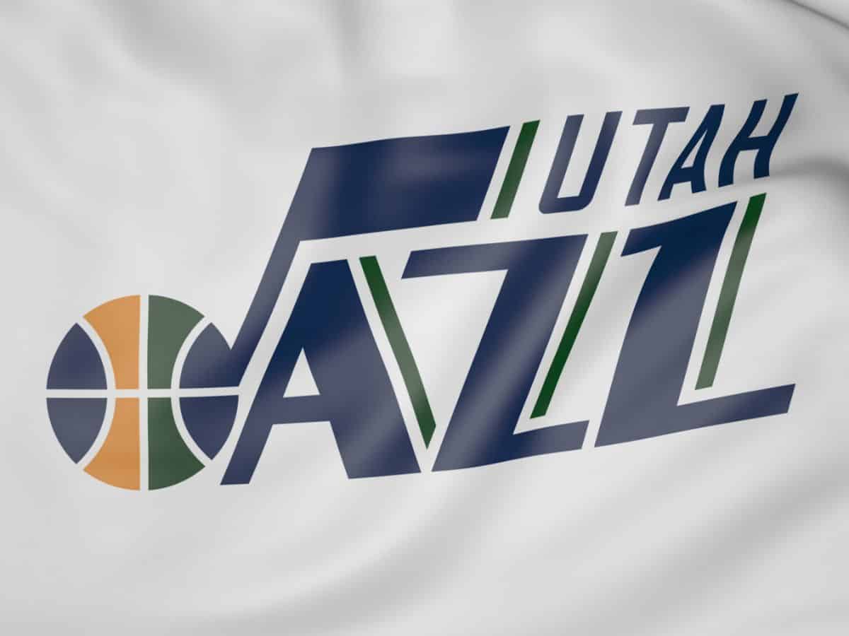 Utah jazz logo on a white flag.