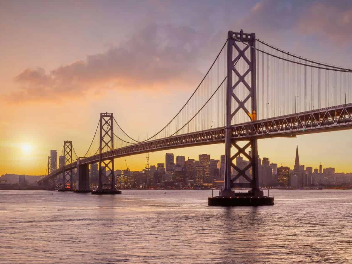 San Francisco Golden Gate Bridge at sunset.