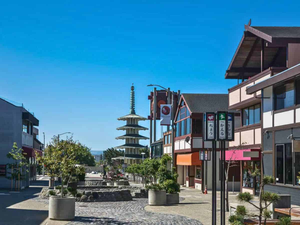 A street in San Francisco's Japantown with a pagoda in the background.