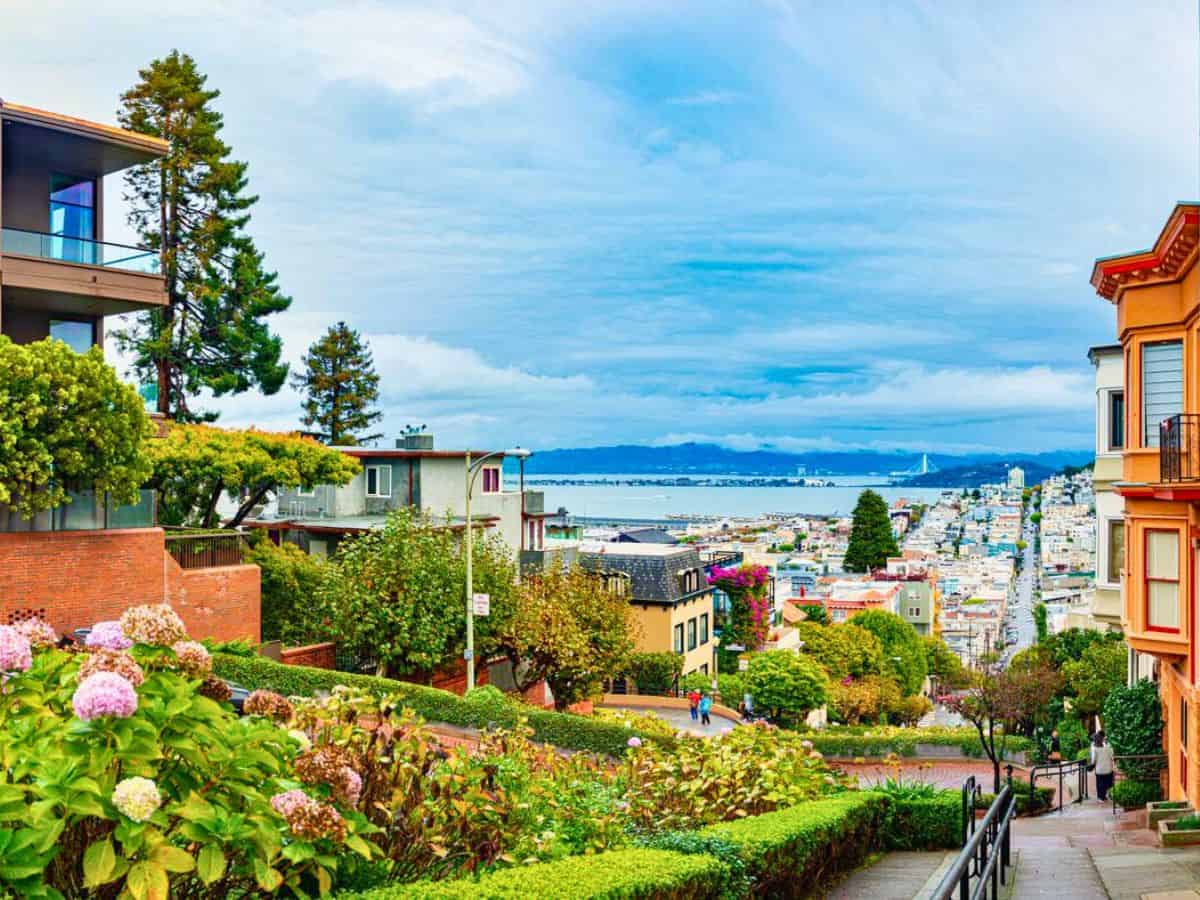 Looking down Lombard Street to the San Francisco Bay.
