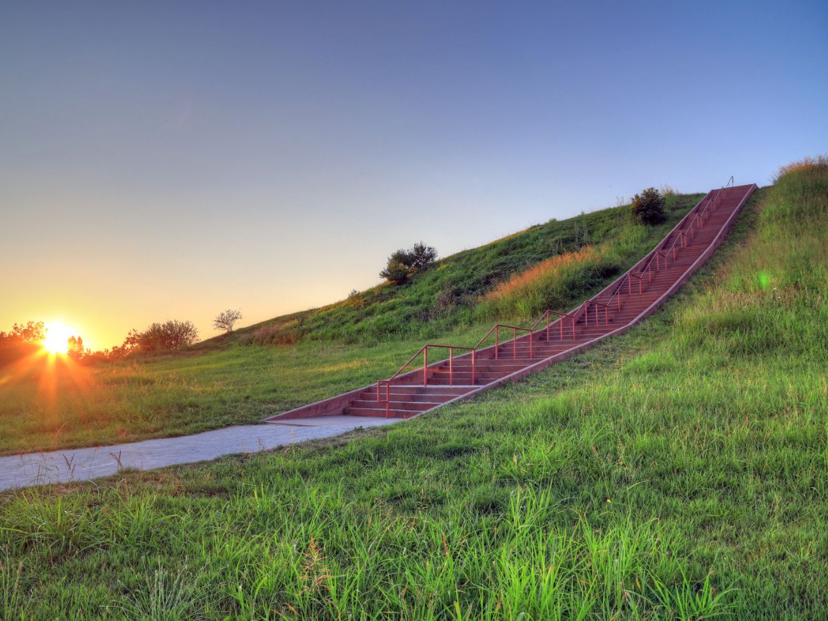Sunset at Cahokia Mounds, a UNESCO World Heritage site in the United States.
