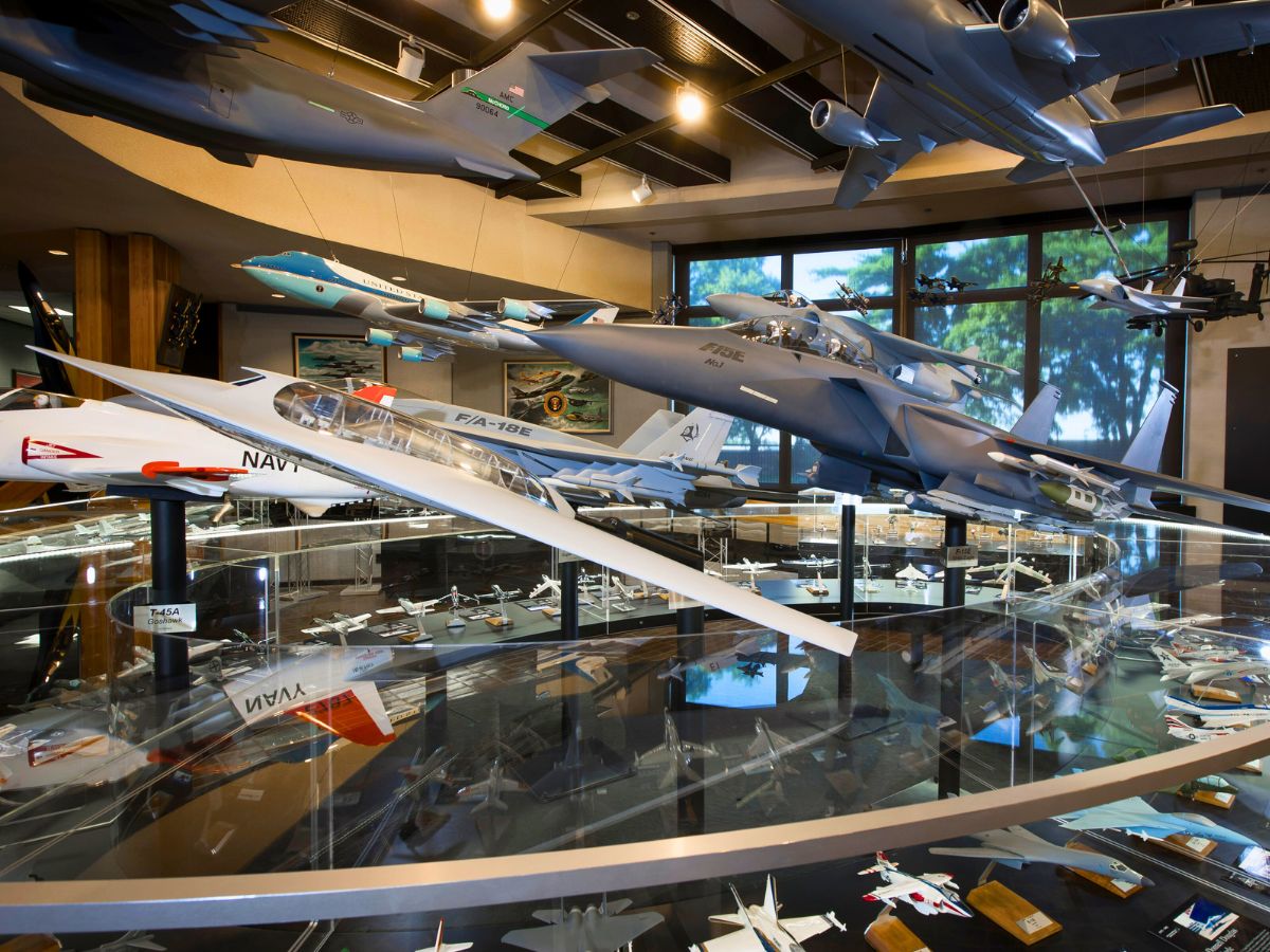 An exhibition of model aircraft on display at the Boeing Prologue Room in St. Louis.